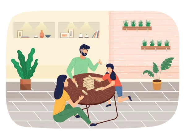 Family plays tower game at house  Illustration