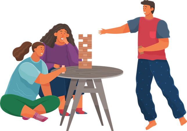 Family plays tower game  Illustration