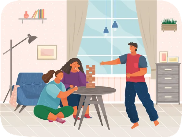 Cheerful Family Plays Tower Game In Apartment Joyful Man And Women Sit Together At Home Communicate And Rest Home Activities And Entertainment People With Board Games Spend Time In Living Room Illustration