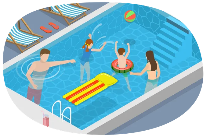 3 D Isometric Flat Vector Conceptual Illustration Of Family Pool Time Summer Vacation Illustration
