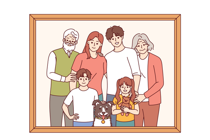 Family portrait of retirees with children and grandchildren with dog posing for memorable photo  Illustration