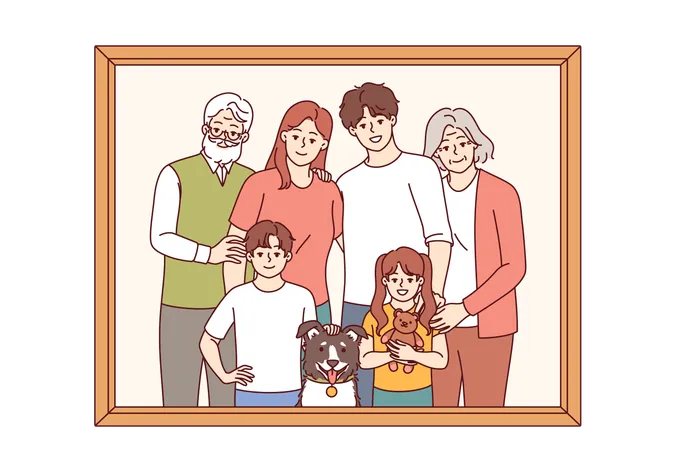 Family portrait of retirees with children and grandchildren with dog posing for memorable photo  Illustration