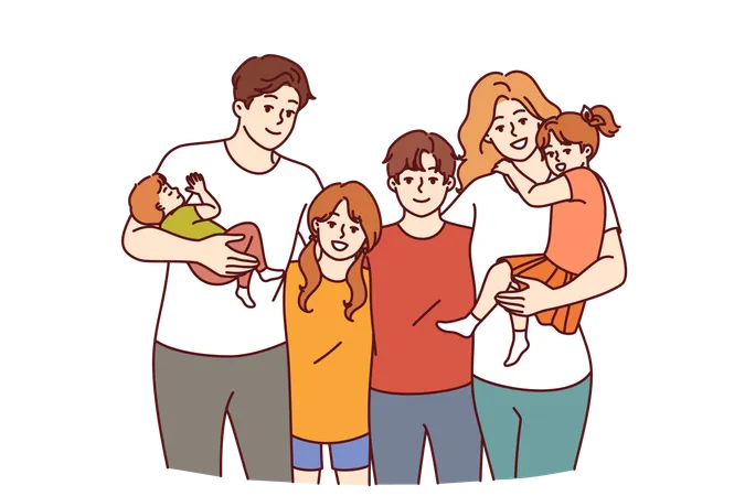 Family From Teenagers And Toddlers With Mom And Dad Posing Together For Family Portrait Concept Of Guardianship Of Children Left Without Parents Or Assistance To Boys And Girls From Orphanages Illustration