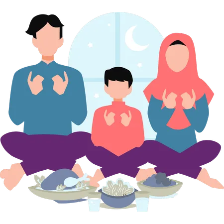 Family Praying Before Breaking The Fast Illustration