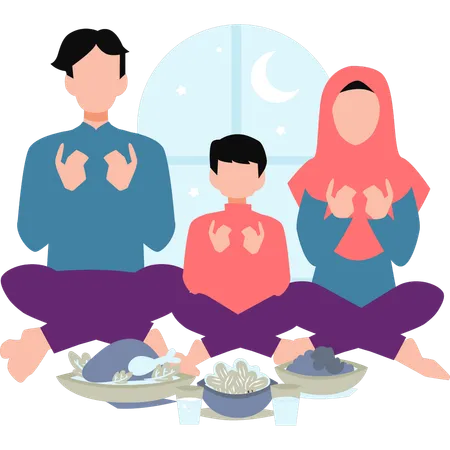 Family praying before breaking fast  Illustration