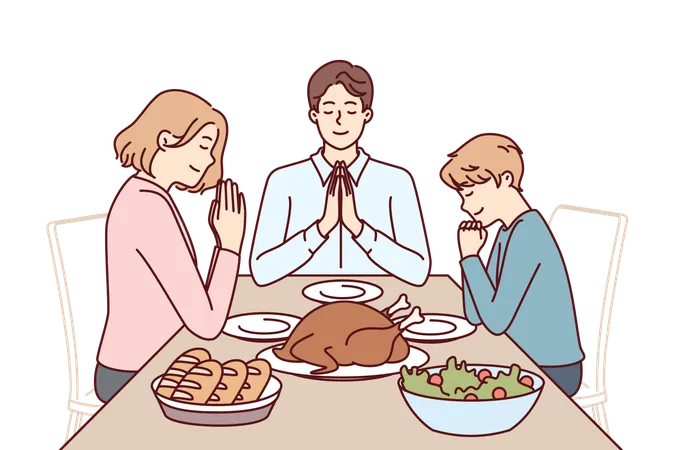 Family prays to god before eating food  Illustration