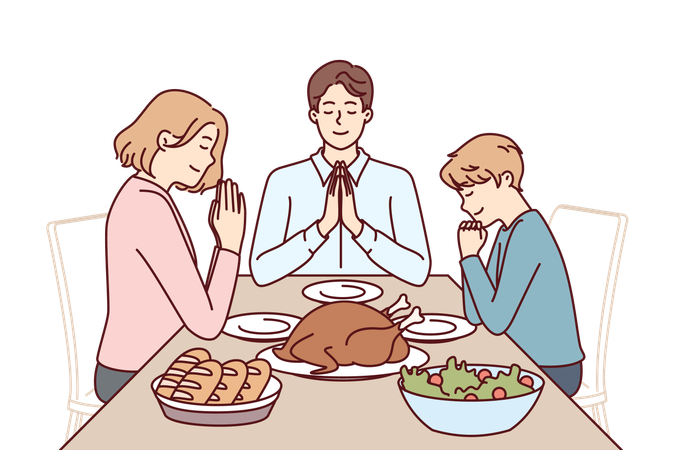 Family prays to god before eating food  Illustration