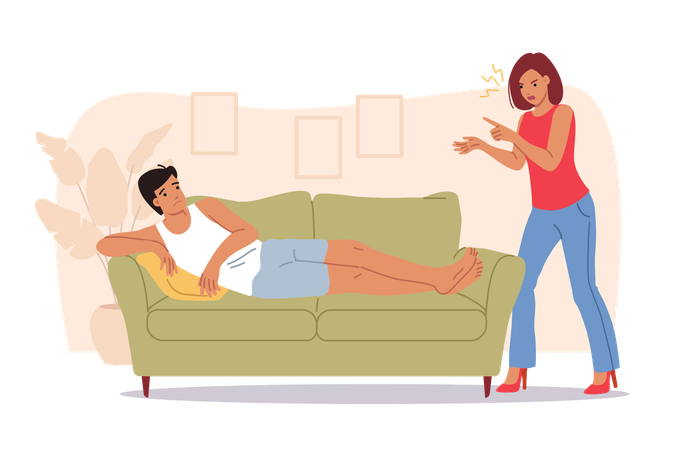 Family quarrel between wife screaming at lazy husband sitting on couch and refusing to go to work  Illustration