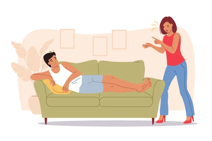 Family quarrel between wife screaming at lazy husband sitting on couch and refusing to go to work  Illustration