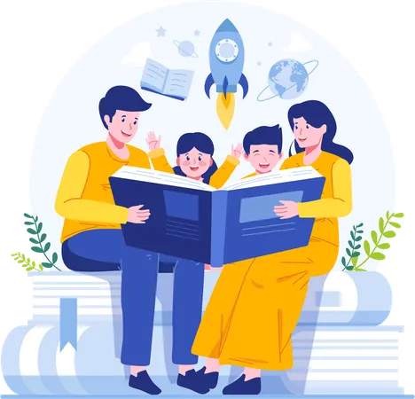 Happy Literacy Day Illustration Family Reading A Book Father Mother Son And Daughter Reading A Book Together While Sitting On Pile Of Books Illustration