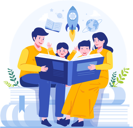 Family Reading  Book  Illustration