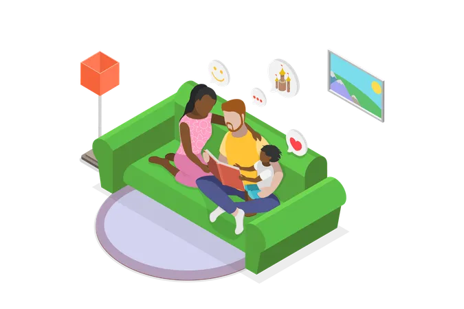3 D Isometric Flat Vector Illustration Of Family Reading Story Positive Emotions And Good Mood Illustration