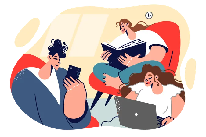Family Reads Paper And Electronic Books Sitting In Same Room And Using Laptop Or Phone Or Classic Textbook Modern Family Of Mom And Dad With Teenage Daughter Spends Free Time Together Illustration