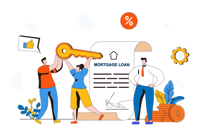 Family receives mortgage loan and buys new house Illustration