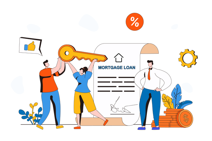 Family receives mortgage loan and buys new house  Illustration