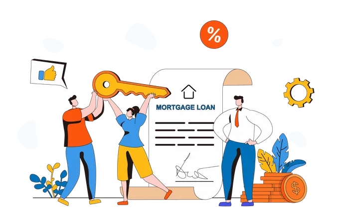 Family receives mortgage loan and buys new house  Illustration