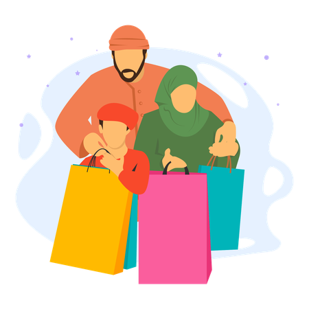 Family Receiving Discounts During The Eid Shopping Festival  Illustration