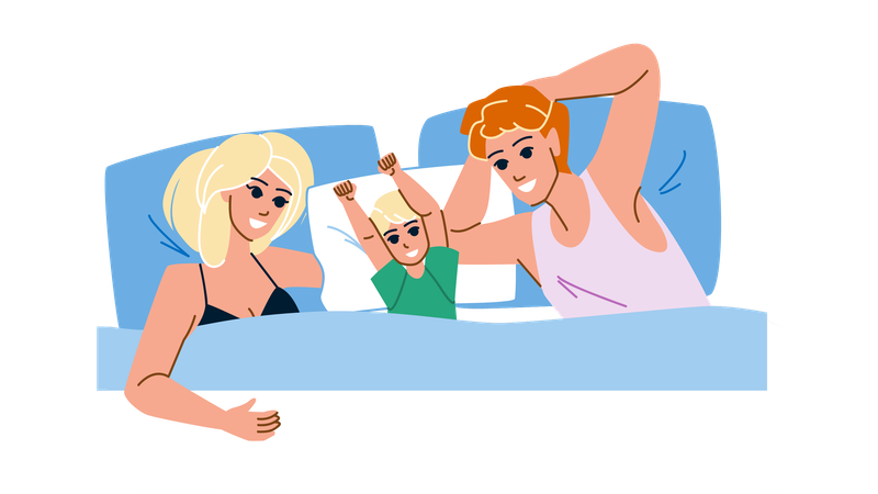 Family relaxing on bed together  Illustration