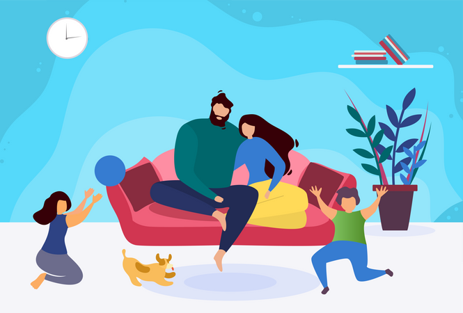 Family Relaxing on holiday at home  Illustration