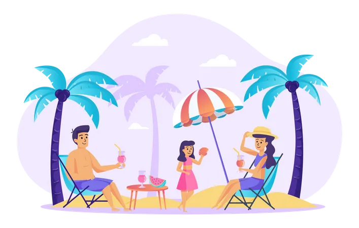 Family resting at beach Illustration
