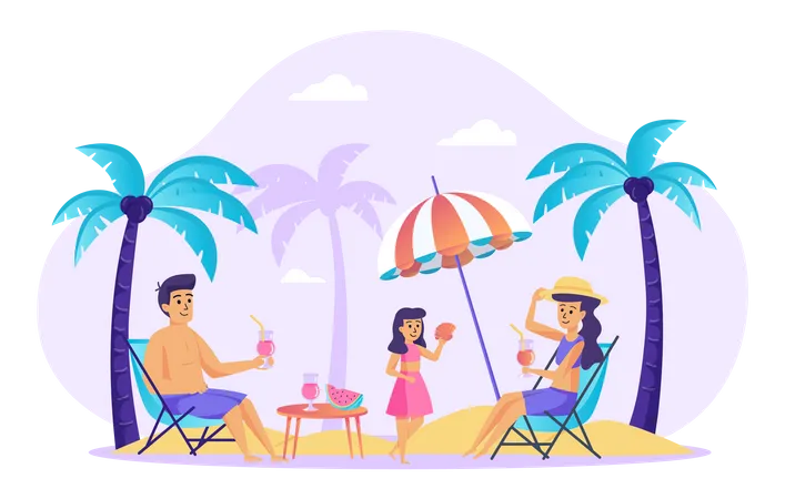 Family resting at beach  Illustration