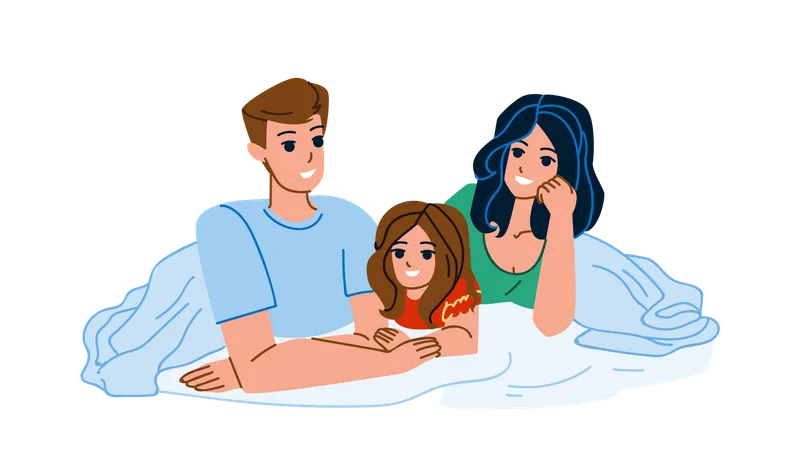 Family Resting In Bedroom Togetherness Vector Father Mother And Daughter Laying On Bed And Relaxing Together In Bedroom Characters Man Woman And Girl Kid Enjoying Flat Cartoon Illustration Illustration