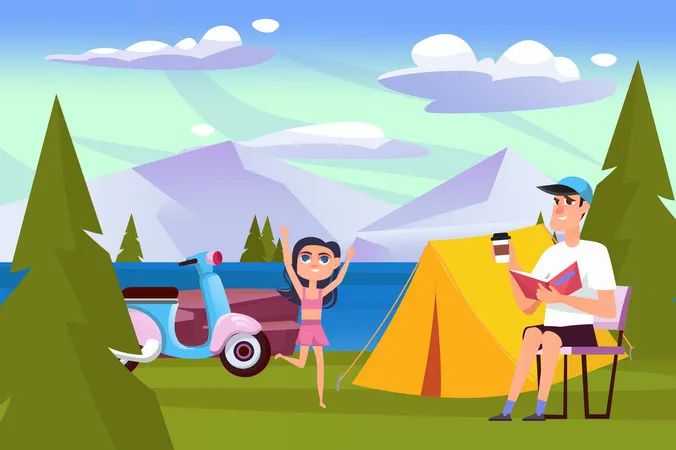 Summer Landscape Background In Flat Cartoon Design Wallpaper With Family Resting In Campsite On Picnic Dad Reading Book Daughter Running On Lawn Vector Illustration For Poster Or Banner Template Illustration