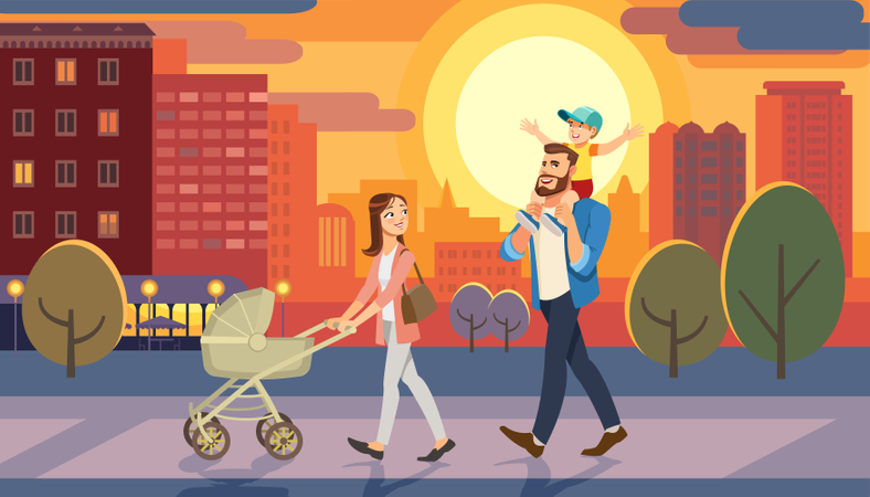 Family returning home at sunset time  일러스트레이션