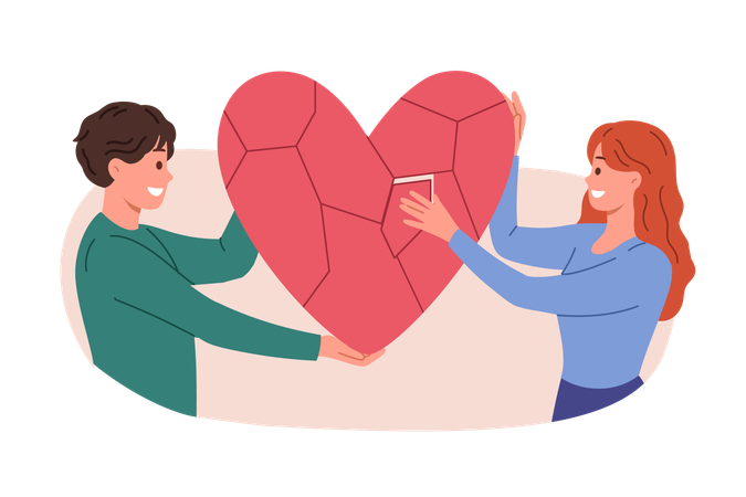 Family reunion of man and woman re-establishing relationship and holding heart made of small pieces  Illustration