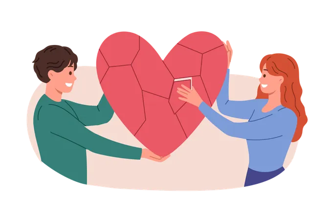 Family reunion of man and woman re-establishing relationship and holding heart made of small pieces  Illustration