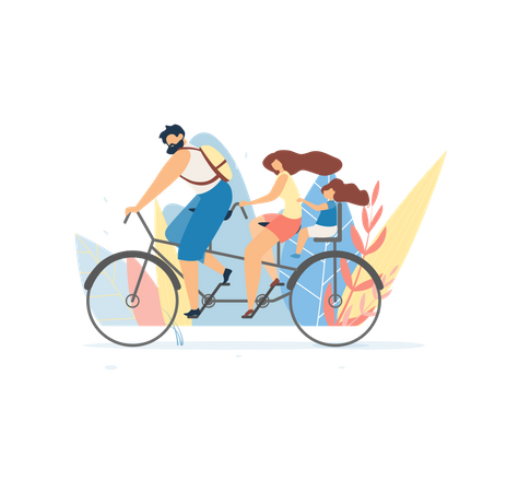 Family riding a tandem bicycle  Illustration