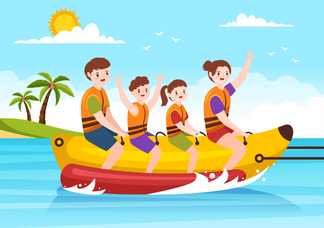 Family riding banana boat jet ski Illustration