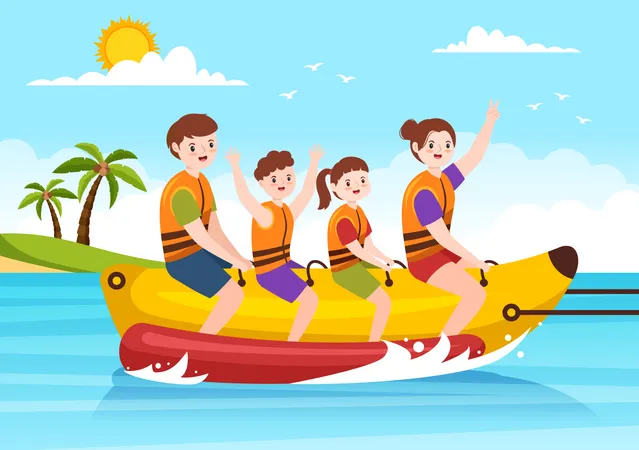 Family riding banana boat jet ski  Illustration