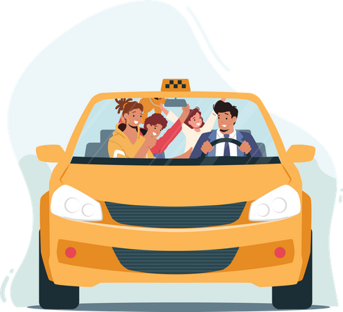 Family Riding Cab Illustration