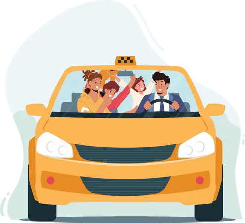 Family Riding Cab Illustration