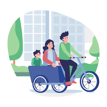 自転車に乗る家族  イラスト