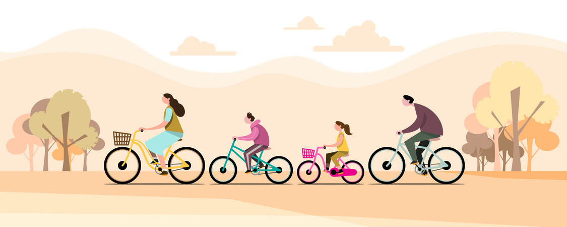 Family riding on bicycles in park Illustration