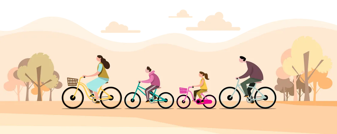 Family riding on bicycles in park  Illustration