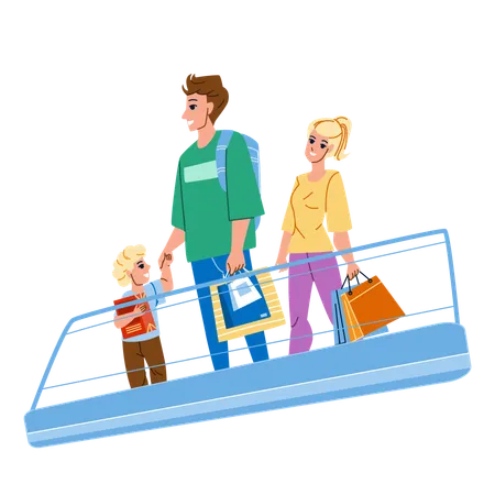 Family Riding On Mall Escalator Together Vector Father Mother And Son On Mall Escalator Recreational Time In Shopping Center Characters Man Woman And Kid Make Purchases Flat Cartoon Illustration Illustration