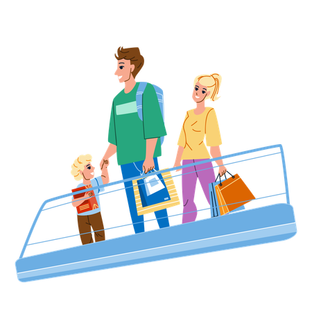 Family Riding On Mall Escalator Together  Illustration