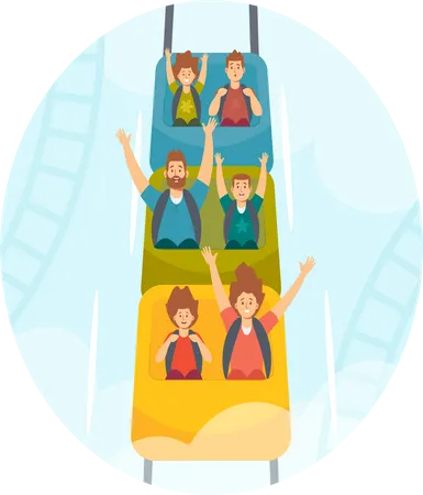 Family Riding Roller Coaster in Amusement Park Illustration