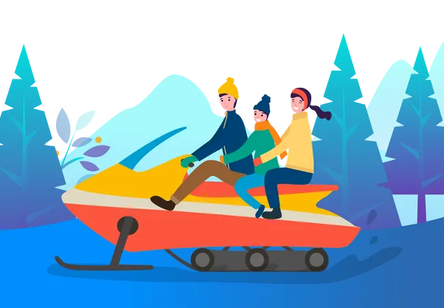 Family riding sitting on snowmobiling  Illustration