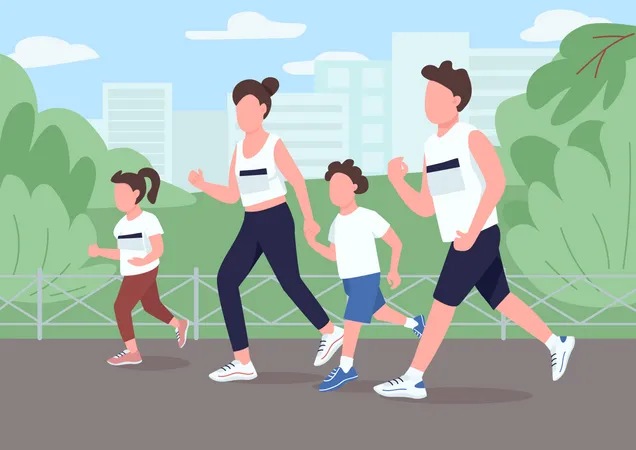 Family Run Marathon Flat Color Vector Illustration Parent Jog In Park With Children Mom And Dad Racing With Kids For Competition Relatives 2 D Cartoon Characters With Interior On Background Illustration