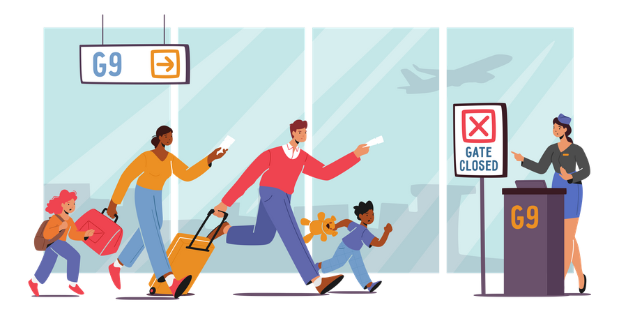 Family running late at airport  Illustration