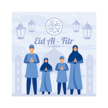 Family say happy Eid Mubarak  Illustration