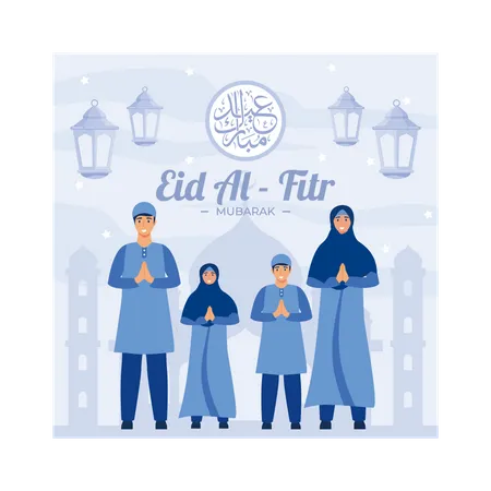 Family say happy Eid Mubarak  Illustration