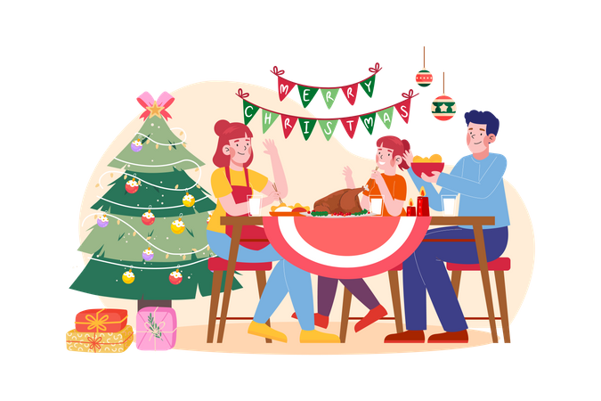 Family serving dinner in christmas night  Illustration