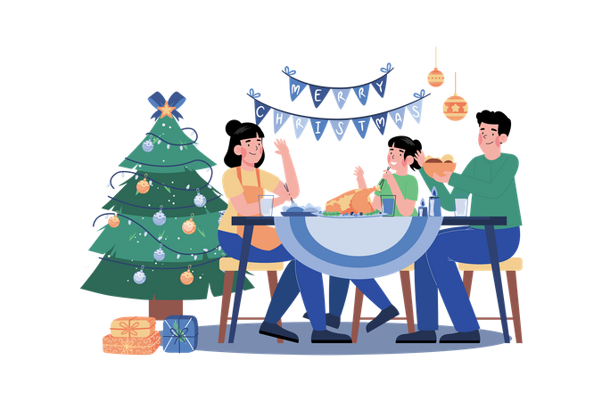 Family Serving Dinner In Christmas Night Illustration