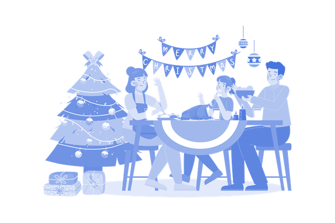 Family Serving Dinner In Christmas Night  Illustration