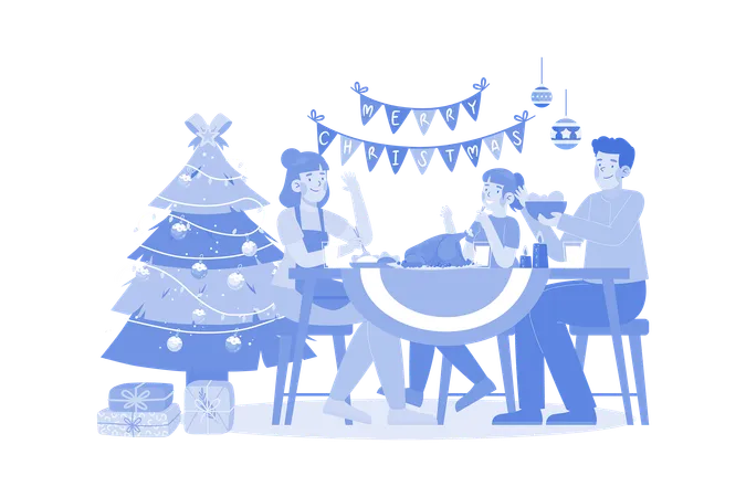 Family Serving Dinner In Christmas Night  Illustration